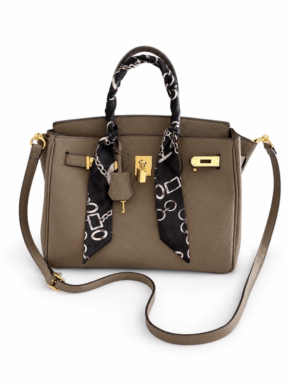 Structured Taupe Satchel with Gold Hardware and Scarf Accent